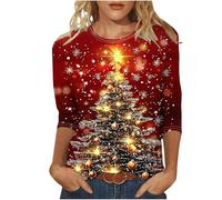 Christmas Tree Jumper Women UK, Xmas Tree Graphic Pullover Santa Reindeer Print Sweatshirt Novelty Funny Christmas Holiday Tops 3/4 Sleeve Casual Shirts Blouse Round Neck Loose Tunic Top