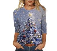 Christmas Tree Jumper Women UK, Xmas Tree Graphic Pullover Santa Reindeer Print Sweatshirt Novelty Funny Christmas Holiday Tops 3/4 Sleeve Casual Shirts Blouse Round Neck Loose Tunic Top