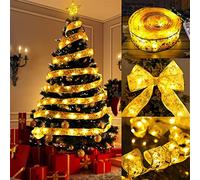 Christmas Tree Lights, Christmas Ribbon Lights Fairy Lights Battery Operated, 2 Lighting Modes Ribbon Bows String Lights for Christmas Tree Ornaments Indoor/Outdoor (Gold Ribbon-A,5M-50LED/flash)