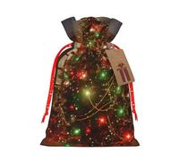Christmas Tree Lights Trojan Printed Christmas Drawstring Bags Reusable Xmas Bag for Party Xmas Gift Wrapping, Red Ribbon, M