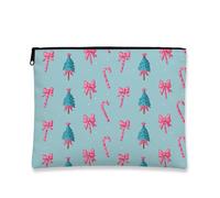 Christmas Tree Makeup Bag, Peach Bows and Candy Canes Cosmetic Travel Pouch for Women, Portable Small Canvas Zipper Organizer, Winter Holiday Toiletry Bag 7x9 Inch