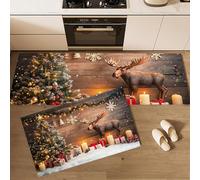 Christmas Tree, Moose And Candles Kitchen Rugs Sets of 2, Non Slip Washable Rural Wooden Planks Kitchen Mat, Runner Rug Brown Floor Carpet for Dining Room, Hallways and Entryway 43x75cm+43x120cm