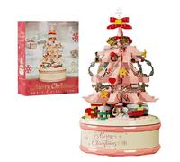 Christmas Tree Music Box Building Kit with Lights & Rotation, 683PCS DIY Xmas Tree Blocks Set, Creative 2-in-1 Model Kit for Kids 6+ with Music, Home Décor, Family Activity (Pink)