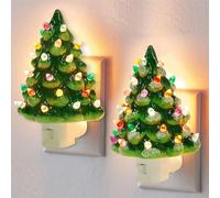 Christmas Tree Night Light, Christmas Ceramic Tree Night Light, Vintage Christmas Night Light, 6" Decorative Ceramic Tree Light with ON/Off Switch for Bedroom Living Room Xmas Decor (2pcs Green)