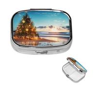 Christmas Tree on The Beach Pill Box 2 Compartment Square Portable Pill Case for Pocket or Purse Small Weekly Medicine Planner Travel Pillbox with Mirror Decorative Metal Vitamin Holder Gifts