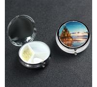 Christmas Tree on The Beach Pill Box 3 Compartment Round Portable Pill Case for Pocket or Purse Small Weekly Medicine Planner Travel Pillbox with Mirror Decorative Metal Vitamin Holder Gifts