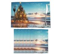 Christmas Tree on The Beach Placemats Set of 6 Vinyl Washable Wipeable Table Mats for Kitchen Dining Table Heat Resistant Modern Indoor/Outdoor Placemat Non-Slip Weave Place Mats 12" x 18"