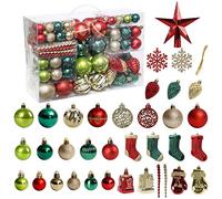 Christmas Tree Ornament, 132pcs Christmas Tree Decoration Set Red Green Gold Christmas Ball Shatterproof Hanging Tree Ornament Assortment Set