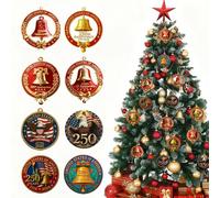 Christmas Tree Ornament Decoration,8Pcs USA 250th Anniversary Christmas Tree Acrylic Pendant, Eagle Memorial Clock Xmas Tree Accessories Christmas Pendants Hanging, Red&Gold Christmas Ornaments