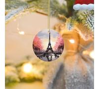 Christmas Tree Ornament Hanging Round Oil Painting Paris Eiffel Tower Ceramic Ornaments Personalized Circle Porcelain Pendant Christmas Ornament for Holiday Decoration Keepsake Gifts