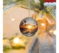 Christmas Tree Ornament Hanging Round Palm Trees Ocean Waves Sunset Ceramic Ornaments Personalized Circle Porcelain Pendant Christmas Ornament for Holiday Decoration Keepsake Gifts