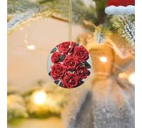 Christmas Tree Ornament Hanging Round Red Rose Flower Cluster Ceramic Ornaments Personalized Circle Porcelain Pendant Christmas Ornament for Holiday Decoration Keepsake Gifts