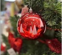 Christmas Tree Ornaments, 10cm Shatterproof Red Baubles with White Christmas Trees, Set of 4 Large Glossy Baubles, Perfect Tree Decorations