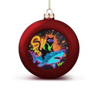 Christmas Tree Ornaments Balls - Blacklight Cat Riding Shark Shatterproof Xmas Tree Decorations, Red Xmas Decorative Hanging Ball for Farmhouse Home Fireplace Decor Holiday Party Favors