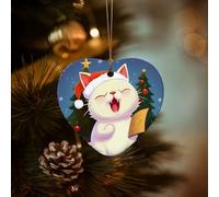 Christmas Tree Ornaments Ceramics Christmas Decorations Cute Cat Sing Christmas Carols Ornaments with Gold Ribbon Porcelain Xmas Tree Crafts Heart Shape Hanging Pendant for Christmas Tree Party Decor
