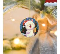 Christmas Tree Ornaments Ceramics Christmas Round Decorations Cute Cat Sing Christmas Carols Ceramics Ornaments Circle Pentagram Xmas Tree Hanging Pendant for Christmas Tree Party Holiday Home Decor