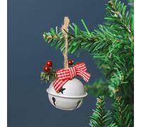 Christmas Tree Ornaments, Metal Bell Pendant Holiday Decoration with Iron Frame and Plastic Balls for Festive Home Décor Table or Desk Display(Round white)