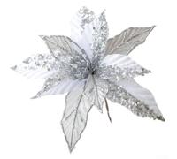 Christmas Tree Ornaments, Pack of 6 Glitter Poinsettia Decorations, 22cm Gold Sequined Handmade Mesh Flower Wreath(Silver)