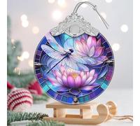 Christmas Tree Ornaments - Stained Glass Dragonfly on Lotus Flower Ornament - Hanging Christmas Tree Decor