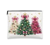 Christmas Tree Peach Bow Holiday Quote Makeup Bag 7x9 Inch | Watercolor Illustration, Cosmetic Bag, Peach Bows, Gold Stars, Candy Canes, Festive Winter Decor, Travel Accessory