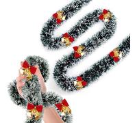 Christmas Tree Pine Green Frost Tip Tinsel Garland with Red and Gold Bows - Snowy Metallic Streamers, 5 Sets, 200cm Long x 9cm Wide - Indoor/Outdoor Holiday & Party Decorations