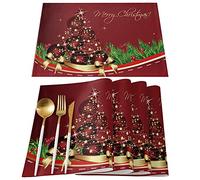 Christmas Tree Placemats Set of 6 Red Gold Indoor Place Mats for Kitchen Table, Pine Tree Washable Dining Table Mats Xmas Glitter Balls Merry Christmas Non-Slip Table Setting Decor for Holiday Party