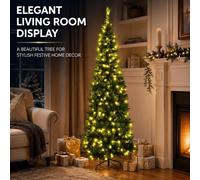 6Ft/1.8m Pre-Lit Artificial Slim Christmas Tree Green Pencil Tree, Pointed Tips, Metal Stand Warm White LEDs Lights Holiday Home Decorations