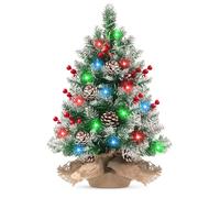 Christmas Tree, Pre-lit Small Xmas Tree with 30 LED String Lights Locking Snow Frost Tips with Berries and Pine Cones Tabletop Christmas Tree Mini Artificial Tree for Christmas Decoration 20inch/52cm