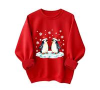 Christmas Tree Printed Red Sweatshirts for Women, Fashion Novelty Xmas Funny Jumper Winter Pullover Warm Tops Holidays Oversized Cosy Outfits Leisure Casual Sweater (Red-Christmas Penguin, XL)