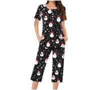 Christmas Tree Pyjamas Sets Women Xmas 2 Piece Pj Set Short Sleeve Shirt and Cropped Trousers Set Xmas Tree Cute Santa Snowman Loungewear Oversized Soft Loung Wear Sets Snowflake Elk Sleepwear