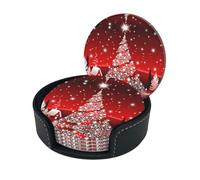 Christmas Tree Red Print Round Leather Coasters - Set Of 6, Ultra-Fiber Pu Leather