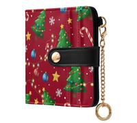Christmas Tree Red Stars Pattern Small Women Wallet RFID Blocking Leather Bifold Compact Card Holder with Coin Pocket Zipper Purse for Girls Ladies Women