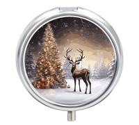 Christmas Tree Reindeer Pill Box 3 Compartment Travel Pill Organizer 3 Times A Day Cute Mini Pill Case for Purse & Pocket Portable Metal Medicine Box with Mirror Round Daily Medicine Vitamin Container