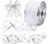 Christmas Tree Ribbon, Christmas Ribbon Glittery Snowflake Organza 2.5 Inch X 11 Yard with Spool, Wired Ribbons for xms Decor Gift Packaging Crafts Party Decoration (Silver)