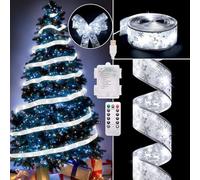 Christmas Tree Ribbon String Lights, 33ft 100 LED Battery Powered Fairy Lights with Timer and 8 Lighting Modes, Double-Layer Gold Edge Fairy String Light for Xmas Tree Decor (White)