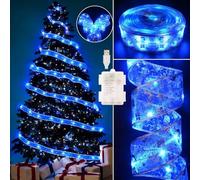 Christmas Tree Ribbon String Lights, 33ft 100 LED Battery Powered Fairy Lights with Timer and 8 Lighting Modes, Double-Layer Gold Edge Fairy String Light for Xmas Tree Decor (Blue)