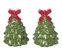 Christmas Tree Salt and Pepper Shaker Set, Ceramic, 3 Inches High, Green with Red Bow, Holiday Table Decor