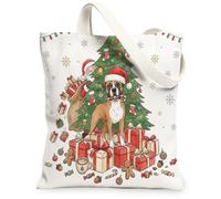 Christmas Tree Santa Boxer Dog Canvas Tote Bag for Shopping 13x15, Winter Xmas Gift Box Reusable Grocery Print Pattern Bag for Women, Holiday Beach Aesthetic Painting Gift Decor