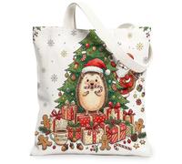 Christmas Tree Santa Hedgehog Canvas Tote Bag for Shopping 13x15, Winter Xmas Gift Box Reusable Grocery Print Pattern Bag for Women, Holiday Beach Aesthetic Painting Gift Decor