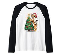 Christmas Tree Savannah Cat Sunglasses Raglan Baseball Tee