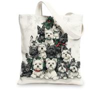 Christmas Tree ScottishTerrier Dog Canvas Tote Bag for Shopping 13 * 15, Xmas Snow Snowflakes Puppy Reusable Grocery Bag for Women, Fun Kid Aesthetic Painting Gift Decor