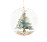Christmas Tree Sea Glass Pendant, Xmas Hanging Ornaments, Acrylic Handmade Keepsake Gift, with Beach Themed Accents (Starfish, Shells, Sand) for Best Friend & Festive Decor (02)