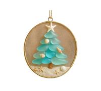 Christmas Tree Sea Glass Pendant Xmas Hanging Ornaments Round Flat Christmas Tree Decoration with Beach Themed Accents (Starfish, Shells, Sand) for Vacation Home & Festive Decor