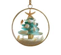 Christmas Tree Sea Glass Pendant Xmas Hanging Ornaments Round Flat Tree Decoration with Beach Themed Accents for Home & Festive Decors (Christmas Tress-B)