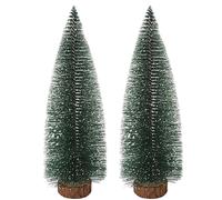Christmas Tree Set, 2 Pieces Artificial Pine Tree with Snow Covered Wooden Base, for Home Tabletop Window Display Holiday Decor, Realistic Look