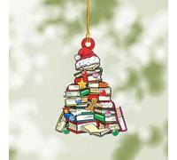 Christmas Tree Shape Bookshelf Pendant, 2D Acrylic Books Stacked Ornament, Christmas Bookworm Bookshelf Decoration for Indoor and Outdoor