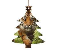 Christmas Tree Shape Christmas Wooden Ornaments - Tiger in The Jungle Print Xmas Tree Hanging Decorations with Santa, Angel, Bell, & Snowman Shapes