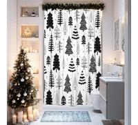 Christmas Tree Shower Curtain, Black White Holiday Bathroom Decor, Winter Minimalistic Waterproof Fabric Shower Curtain with Hooks 36x72 Inch