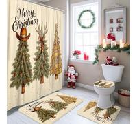 Christmas Tree Shower Curtain, Festive Rustic Cowboy Hat Reindeer Antlers Xmas Green Polyester Waterproof Bathroom Cloth Shower Curtain and Rug Set for Bath Bathtub Apartment Decor 72x72 Inch