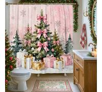 Christmas Tree Shower Curtain, Xmas Festive Gift Box Bow Peach Waterproof Fabric Clawfoot Tub Shower Curtains for Home Bathroom Toile Hotel Decor 62x72 Inch